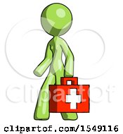 Green Design Mascot Woman Walking With Medical Aid Briefcase To Left
