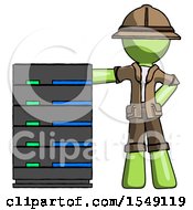 Green Explorer Ranger Man With Server Rack Leaning Confidently Against It