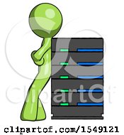 Green Design Mascot Man Resting Against Server Rack