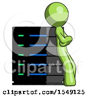 Poster, Art Print Of Green Design Mascot Man Resting Against Server Rack Viewed At Angle
