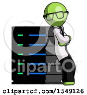 Poster, Art Print Of Green Doctor Scientist Man Resting Against Server Rack Viewed At Angle