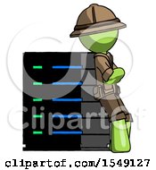 Green Explorer Ranger Man Resting Against Server Rack Viewed At Angle