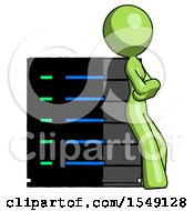 Poster, Art Print Of Green Design Mascot Woman Resting Against Server Rack Viewed At Angle
