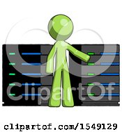 Poster, Art Print Of Green Design Mascot Man With Server Racks In Front Of Two Networked Systems