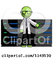 Poster, Art Print Of Green Doctor Scientist Man With Server Racks In Front Of Two Networked Systems