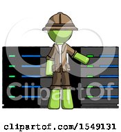Poster, Art Print Of Green Explorer Ranger Man With Server Racks In Front Of Two Networked Systems