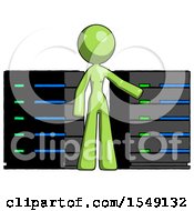 Poster, Art Print Of Green Design Mascot Woman With Server Racks In Front Of Two Networked Systems