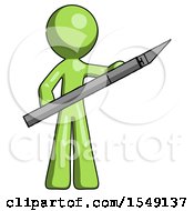 Poster, Art Print Of Green Design Mascot Man Holding Large Scalpel