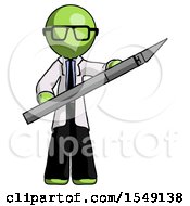 Poster, Art Print Of Green Doctor Scientist Man Holding Large Scalpel