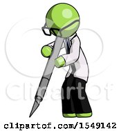 Green Doctor Scientist Man Cutting With Large Scalpel