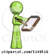 Green Design Mascot Man Using Clipboard And Pencil