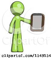 Poster, Art Print Of Green Design Mascot Man Showing Clipboard To Viewer