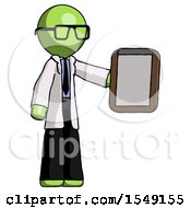 Green Doctor Scientist Man Showing Clipboard To Viewer
