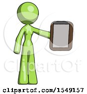 Green Design Mascot Woman Showing Clipboard To Viewer