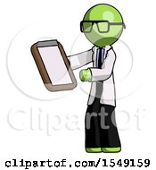 Green Doctor Scientist Man Reviewing Stuff On Clipboard