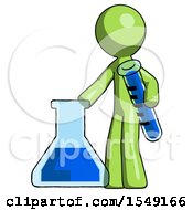 Green Design Mascot Man Holding Test Tube Beside Beaker Or Flask