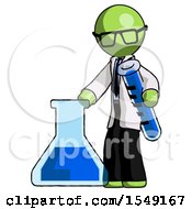 Green Doctor Scientist Man Holding Test Tube Beside Beaker Or Flask