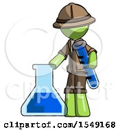 Poster, Art Print Of Green Explorer Ranger Man Holding Test Tube Beside Beaker Or Flask
