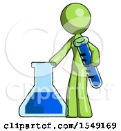 Green Design Mascot Woman Holding Test Tube Beside Beaker Or Flask