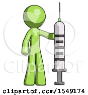 Green Design Mascot Man Holding Large Syringe