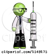 Green Doctor Scientist Man Holding Large Syringe