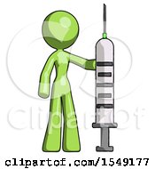 Green Design Mascot Woman Holding Large Syringe