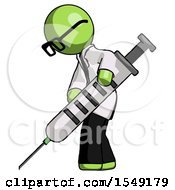Green Doctor Scientist Man Using Syringe Giving Injection
