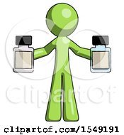 Green Design Mascot Man Holding Two Medicine Bottles
