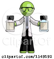 Green Doctor Scientist Man Holding Two Medicine Bottles