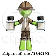 Poster, Art Print Of Green Explorer Ranger Man Holding Two Medicine Bottles