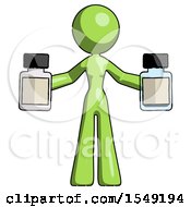 Green Design Mascot Woman Holding Two Medicine Bottles