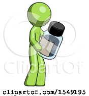 Green Design Mascot Man Holding Glass Medicine Bottle