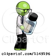 Green Doctor Scientist Man Holding Glass Medicine Bottle