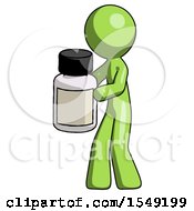 Green Design Mascot Man Holding White Medicine Bottle