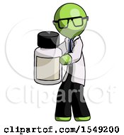 Green Doctor Scientist Man Holding White Medicine Bottle