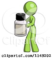 Green Design Mascot Woman Holding White Medicine Bottle