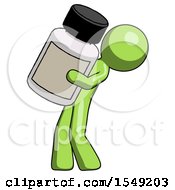Green Design Mascot Man Holding Large White Medicine Bottle