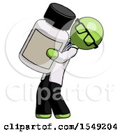 Green Doctor Scientist Man Holding Large White Medicine Bottle