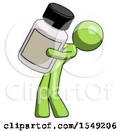 Green Design Mascot Woman Holding Large White Medicine Bottle