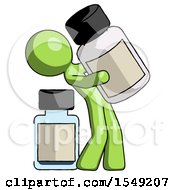 Green Design Mascot Man Holding Large White Medicine Bottle With Bottle In Background