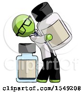 Green Doctor Scientist Man Holding Large White Medicine Bottle With Bottle In Background