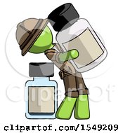 Poster, Art Print Of Green Explorer Ranger Man Holding Large White Medicine Bottle With Bottle In Background