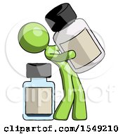 Green Design Mascot Woman Holding Large White Medicine Bottle With Bottle In Background