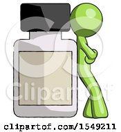 Green Design Mascot Man Leaning Against Large Medicine Bottle