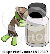Poster, Art Print Of Green Explorer Ranger Man Pushing Large Medicine Bottle