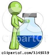 Poster, Art Print Of Green Design Mascot Man Standing Beside Large Round Flask Or Beaker