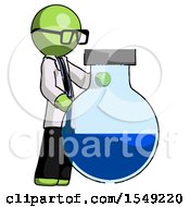 Green Doctor Scientist Man Standing Beside Large Round Flask Or Beaker