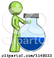 Poster, Art Print Of Green Design Mascot Woman Standing Beside Large Round Flask Or Beaker