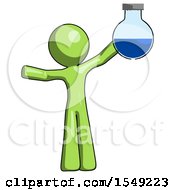 Green Design Mascot Man Holding Large Round Flask Or Beaker