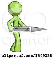 Poster, Art Print Of Green Design Mascot Man Walking With Large Thermometer